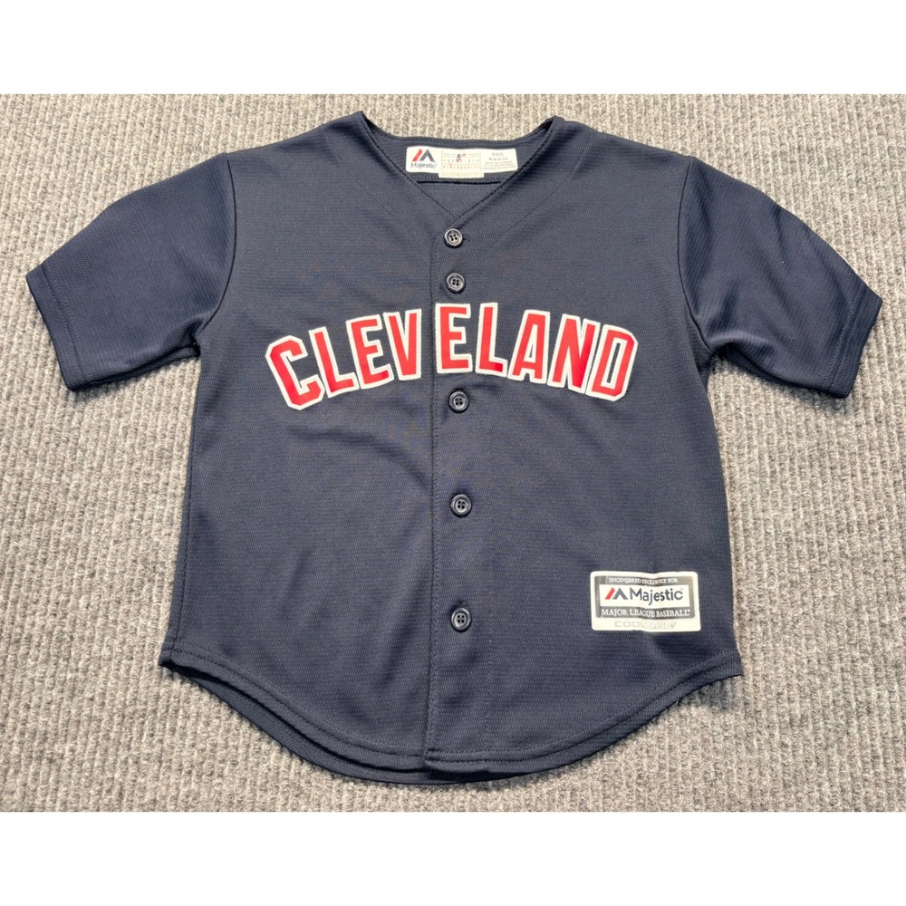 Majestic Cleveland Kids Baseball Jersey Navy Blue Cool Base Size M 5/6 MLB